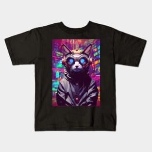 Techno Cat In Japan Neon City Kids T-Shirt